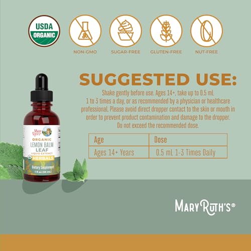 MaryRuth Organics Lemon Balm Leaf Liquid Extract | Mood Support | Relaxation | Calming | Nervine Herbal | Lemon Balm Tincture | USDA Organic | Vegan | Non-GMO | Gluten Free | 1 Fl Oz