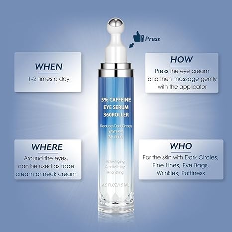 ALMEKAQUZ Caffeine Eye Cream for Dark Circles & Under-Eye Puffiness, 360° Massage Roller Ball, Morning Skincare