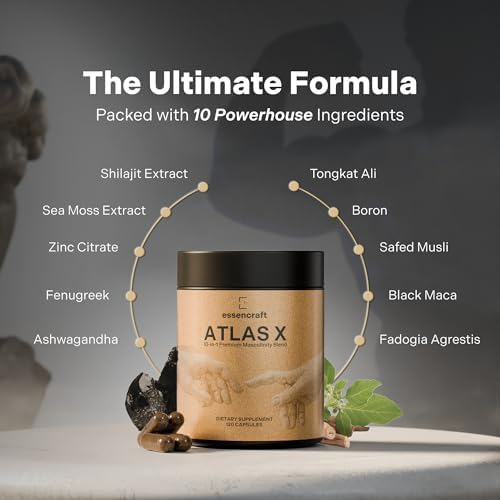 ATLAS X 10-in-1 Masculinity Maximiser Supplement for Men - Energy, Strength & Vitality Capsules with Shilajit, Ashwagandha, Zinc, Safed Musli, Tongkat Ali, Black Maca, Fadogia Agrestis, 2 Month Supply