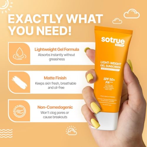 Sotrue Face Gel Sunscreen SPF 50+ PA+++ - Lightweight Gel with 1% Niacinamide & Vitamin C, No White Cast, Water-Resistant, 50ml