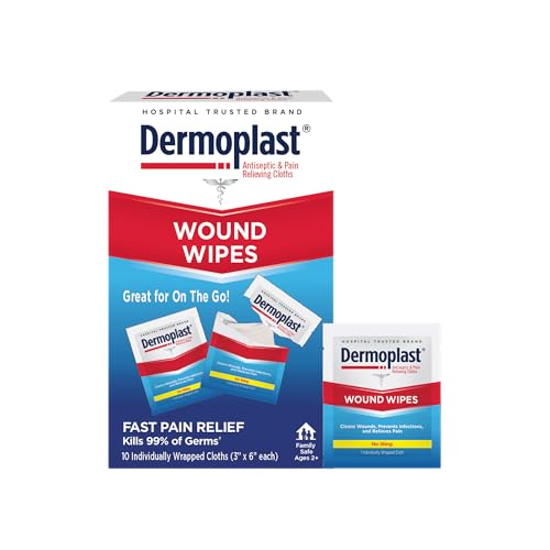 Dermoplast 3-in-1 Medicated First Aid Wipes - Analgesic & Antiseptic Sting-Free Cloths (10 Count)