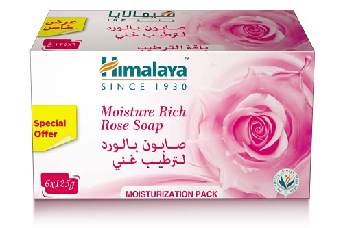 Himalaya Moisture Rich Rose Soap Bar - 6 Bars (125g Each) | Olive Oil & Cocoa Butter for Hydration