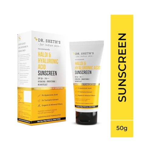 Dr. Sheth’s Sunscreen SPF 50 PA++++ with Hyaluronic Acid & Turmeric Extract - Hydrating, Non-Greasy, No White Cast, 50g