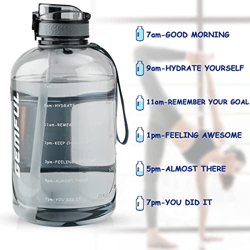GEMFUL 3 Liter Motivational Water Bottle with Time Markings - BPA Free Large Reusable Jug with Straw, Leak-Proof Handle - Grey