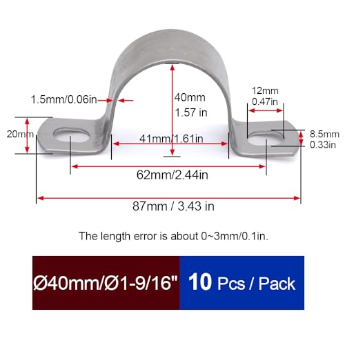 Pipe Strap Clamp Ø 40 mm Heavy Duty Metal U Bracket - Stainless Steel Conduit Clamps for Pipe Mounting, 10 Pcs
