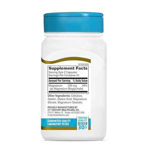 21st Century Magnesium Glycinate 200 mg Capsules, 90 Count