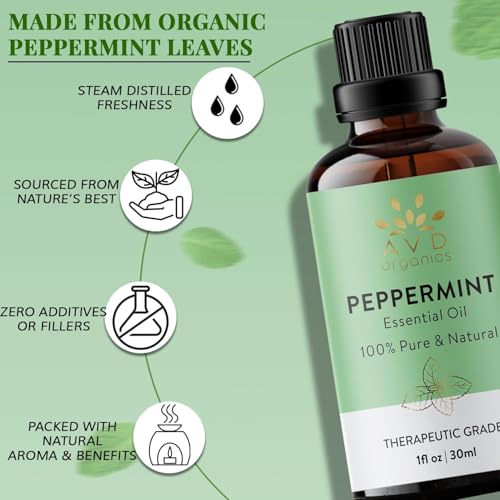 AVD ORGANICS 100% Pure Peppermint Essential Oil (30ml) for Aromatherapy & Focus