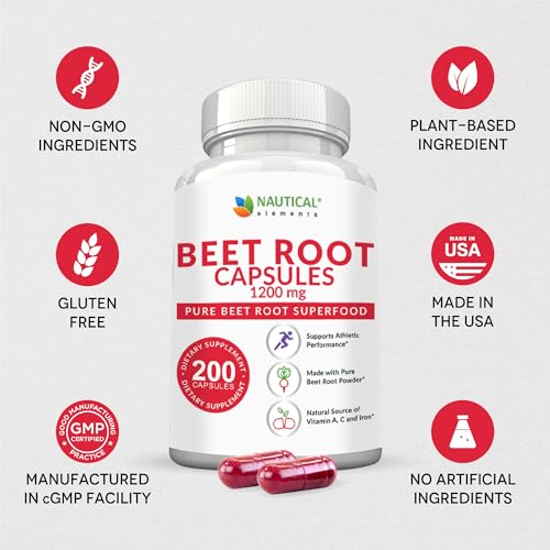 Beet Root Capsules - 1200mg Per Serving - 200 Beet Root Powder Capsules - Supports Blood Pressure, Athletic Performance, Digestive & Immune Health (Pure, Non-GMO & Gluten Free)