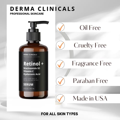Retinol + Niacinamide B3, Vitamin C, Hyaluronic Acid Serum - Anti-Aging & Brightening Face Serum (8oz)