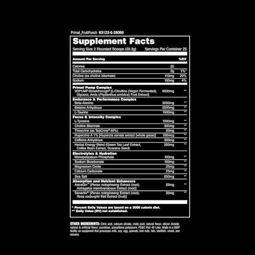 Animal Primal Muscle Hydration + Preworkout Powder – Contains Beta Alanine, 3DPump, Caffeine & Electrolytes – Improves Energy, Focus, Endurance & Absorption – Fruit Punch Flavor, 17.9 o