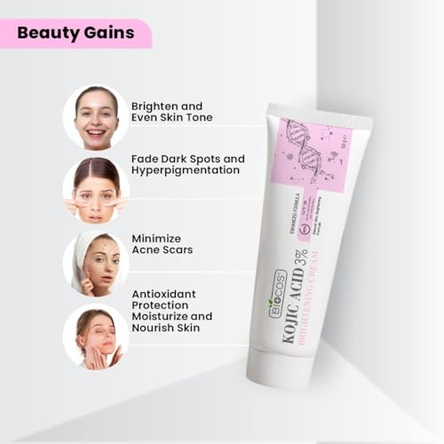 BIOCOS Kojic Acid Cream for Dark Spots & Hyperpigmentation - With 1 Free Cream - Skin Brightening & Acne Scar Removal with Glycolic Acid, Aloe Vera & Vitamin B5 - 50gm