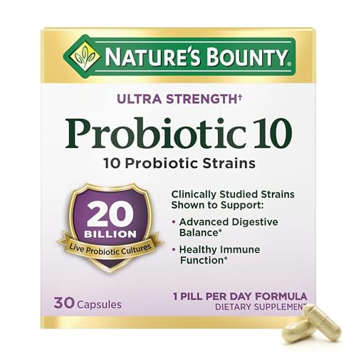 Nature's Bounty Probiotic 10 Daily Supplement - Ultra Strength for Digestive, Immune & Respiratory Support, 30 Capsules