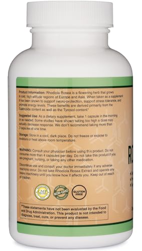 Rhodiola Rosea Supplement 500mg (120 Vegan Capsules) - Natural Stress Support by Double Wood