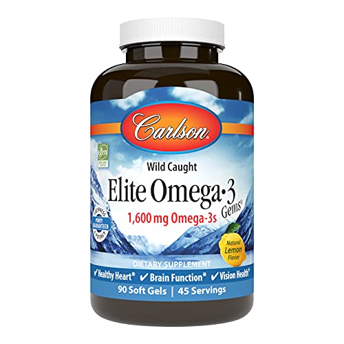 Carlson Labs Elite Omega-3 Gems Fish Oil 1250mg - 90 Softgels - High Potency - Heart & Brain Support
