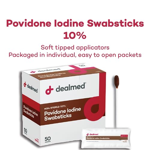 Dealmed Povidone Iodine 10% Antiseptic Swabsticks for Wound Care (50 Ct)