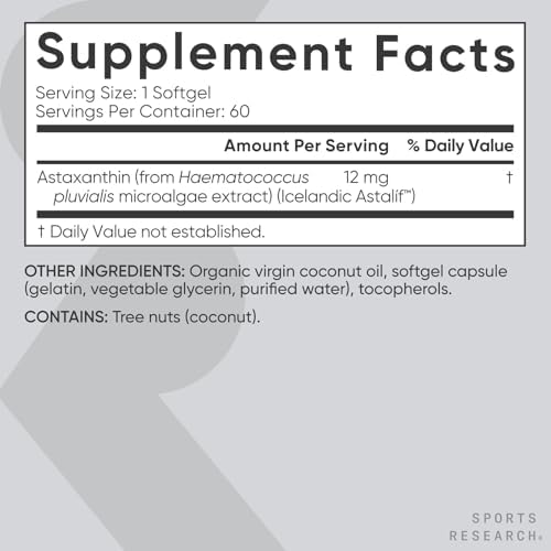 Sportgs Research Triple Strength Astaxanthin (12mg) with Organic Coconut Oil | Non-GMO, Soy & Gluten Free - 60 Mini Softgels (2 Month Supply)