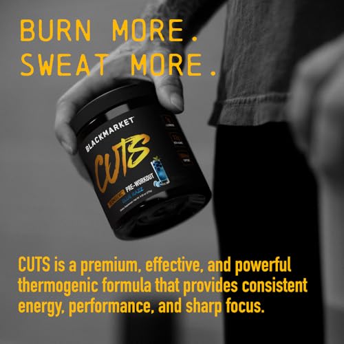 BlackMarket CUTS Pre Workout Flavored Energy Powder Drink Mix for Men & Women - Muscle Definition, Fat Burning, Thermogenic, Creatine Free (Blue Razz, 30 Servings)