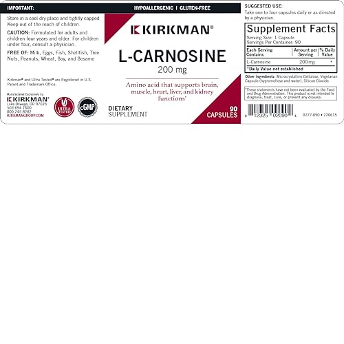 Kirkman L-Carnosine 200 mg Hypoallergenic Vegetarian Capsules - Antioxidant and Eye Health Support