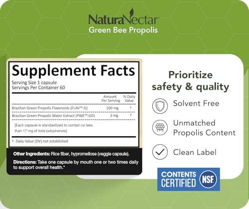 NaturaNectar Green Bee Propolis - Premium Brazilian Propolis with NSF Content Certificate - Ethically Sourced, Natural Beekeeping - 60 Capsules for Care Relief
