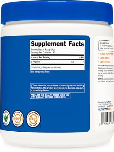 Nutricost L-Arginine Powder: 250g (50 Servings)