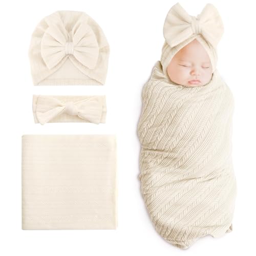 SYOSI Newborn 3-Piece Cotton Swaddle Set - Blanket, Hat & Headband