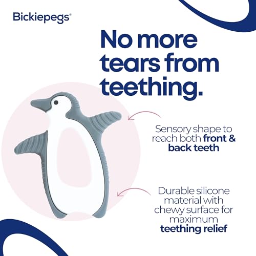 Bickiepegs Peggie the Penguin Clip-On Sensory Teething Toy - BPA-Free Baby Teether for Front & Back Teeth