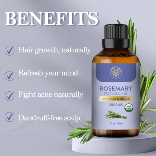 USDA Organic Rosemary Essential Oil (30ml) - 100% Pure for Hair Growth, Scalp & Aromatherapy