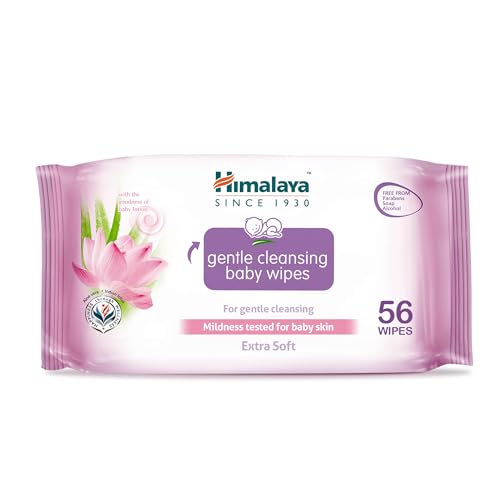 Himalaya Gentle Cleansing Baby Wipes - 56 Alcohol-Free Wipes with Aloe Vera and Lotus for Sensitive Skin