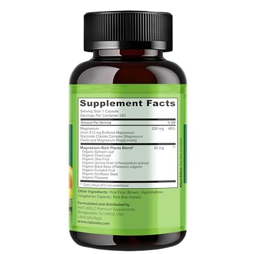 NATURELO Magnesium Glycinate Complex 200mg with Organic Vegetables - 240 Capsules