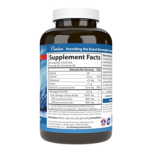 Carlson Labs Elite Omega-3 Gems Fish Oil 1250mg - 90 Softgels - High Potency - Heart & Brain Support