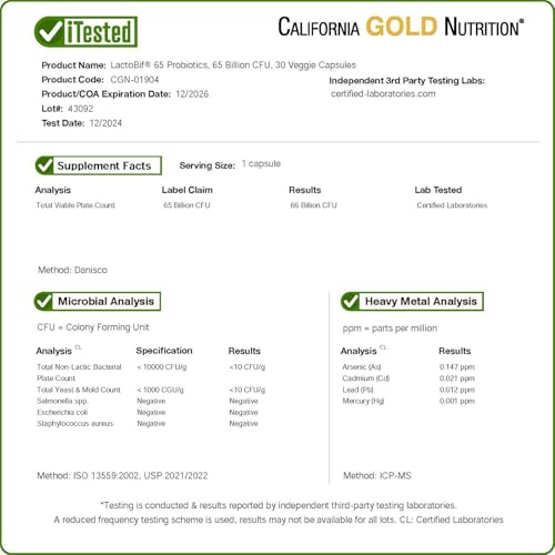 California Gold Nutrition LactoBif 65 Probiotics 65 Billion CFU 30 Veggie Capsules