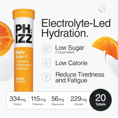 Phizz Electrolyte Multivitamin Hydration Tablets - 18 Vitamins & Minerals, Energy Boost (Orange, 20 Count)