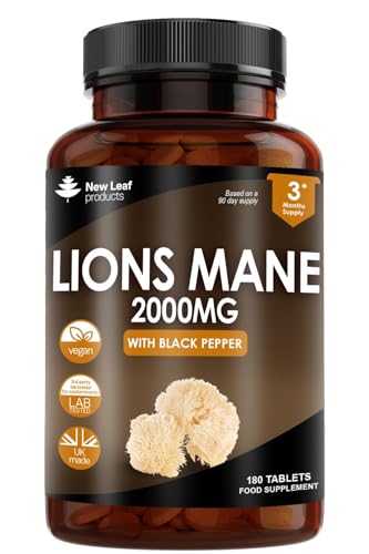 Lions Mane Mushroom 2000mg - 180 High Strength Vegan Tablets - Lion's Supplement with Black Pepper