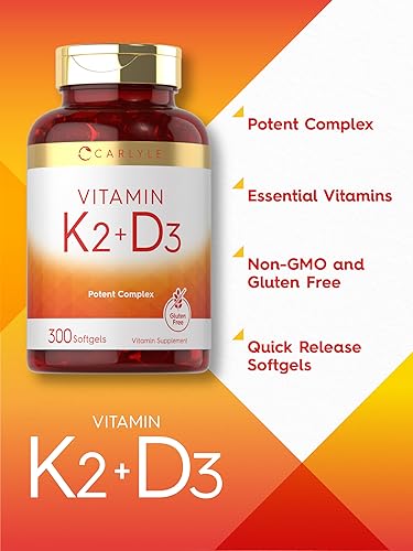 Carlyle Vitamin K2 + D3 | 200 mcg K2 MK7 & 250 mcg D3 | Non-GMO, Gluten Free | 300 Softgels