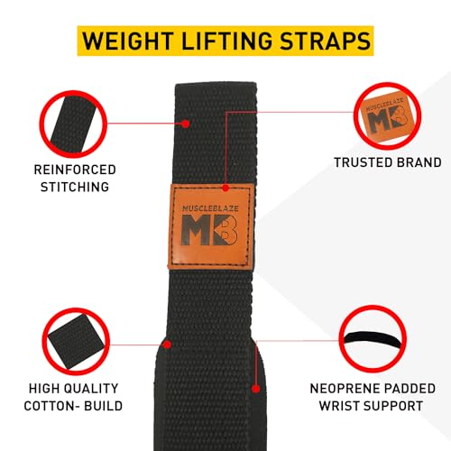 MuscleBlaze Wrist Supporter Weight Lifting Straps | Gym & Deadlift Grip Enhancer (Black Free Size)