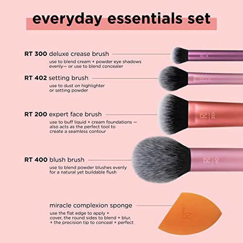 Real Techniques Everyday Essentials 2.0 Makeup Brush Set with Miracle Complexion Sponge | 5-Piece Multi-Tasking Brush Set