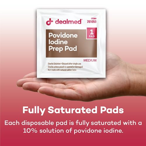 Dealmed Povidone Iodine Prep Pads 10% – Individually Sealed for Wound Care and First Aid Kits, 100/Box (Pack of 1)