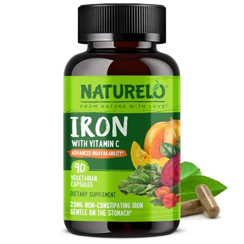 NATURELO Vegan Iron Supplement with Whole Food Vitamin C - 90 Mini Capsules