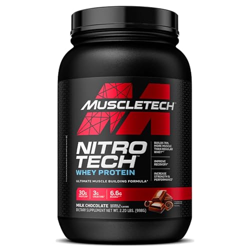 Muscletech NitroTech Whey Protein - Ultimate Muscle Building Formula with Whey Isolate & Peptides - 30g Protein, 3g Creatine & 6.8g BCAAs - Milk Chocolate - 2.20 lbs