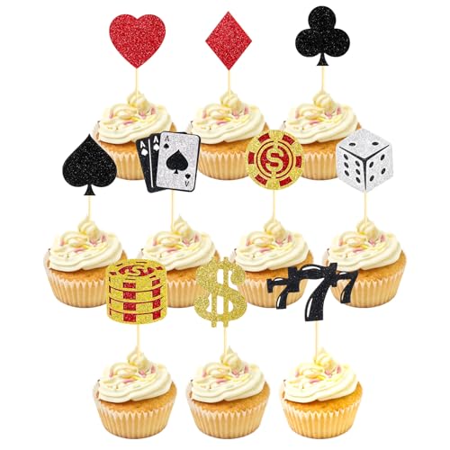 24 Pcs Casino Cupcake Toppers with Glitter Poker Chips - Vegas Themed Party Decorations