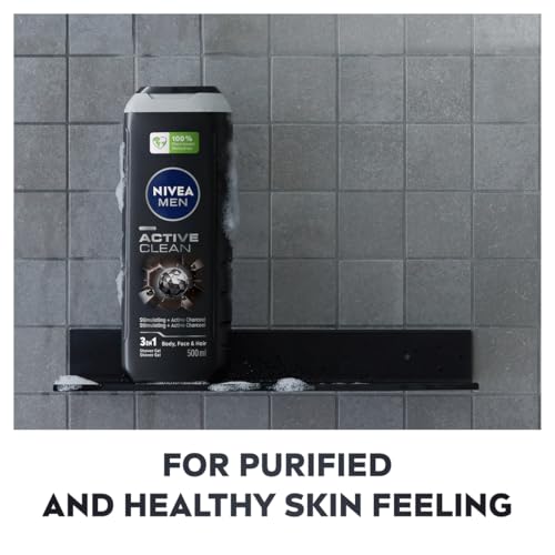 NIVEA MEN Active Clean 3in1 Shower Gel - Charcoal-Infused Body, Face & Hair Wash, 500ml