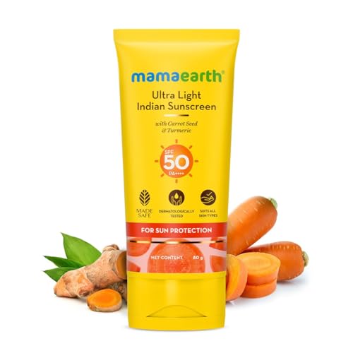 Mamaearth Ultra Light Indian Sunscreen SPF 50 PA ++++ - Carrot Seed & Turmeric, No White Cast, 80g