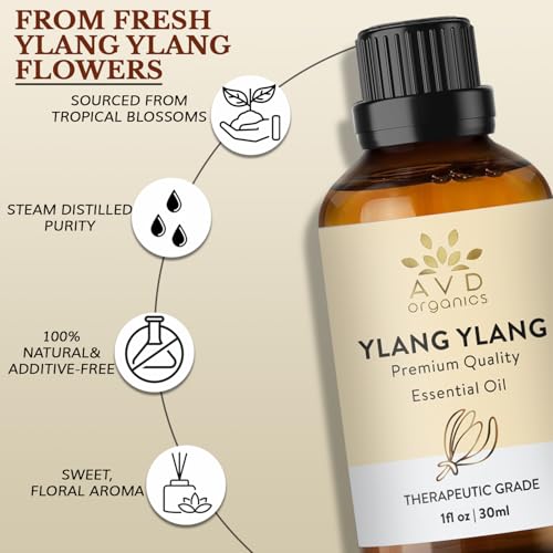 AVD Organics Ylang Ylang Essential Oil 100% Pure & Natural - 30ml for Aromatherapy, Diffuser, Skin & Hair