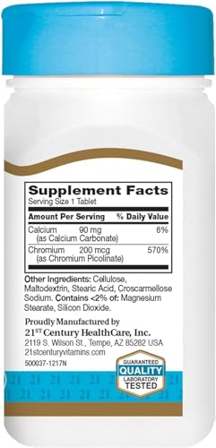 21st Century Chromium Picolinate 200mcg - 100 Tablets - Blood Sugar Metabolism Support