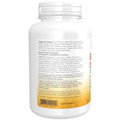 NOW Foods Berry Dophilus Kids Probiotic - 2 Billion CFU, 120 Chewables for Children's Gut Health