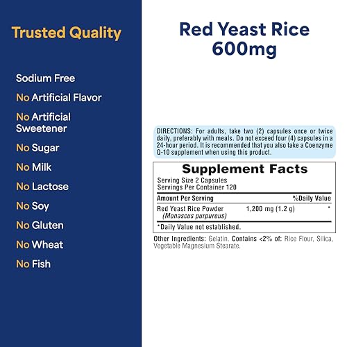 Puritans Pride Red Yeast Rice 600 Mg Capsules for Cholesterol Support 240 Count