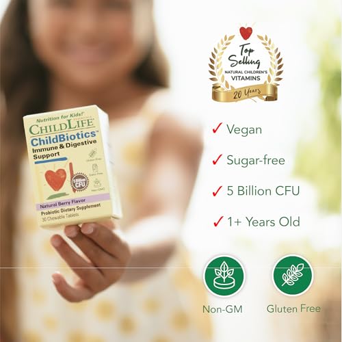 ChildLife Essentials ChildBiotics Immune & Digestive Support - Kids Probiotic with Live Cultures, Non-GMO, Natural Berry Flavor, 30 Tablets
