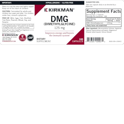 Kirkman Labs DMG Dimethylglycine 125mg - Immune & Energy Support, 100 Capsules