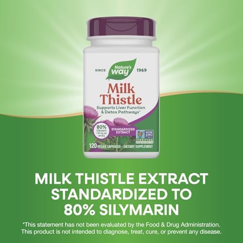 Nature's Way Milk Thistle, Supports Liver Function and Detoxification Pathways*, 175 mg Milk Thistle Seed Extract Standardized to 80% Silymarin per Serving, 120 Capsules (Packaging May Vary)
