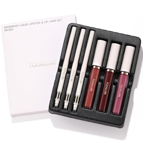FOCALLURE KISSPROOF 6Pcs Liquid Lipstick & Lip Liner Set - Highly Pigmented Lip Gloss & Matte Lip Crayons with Sharpener - Violet Lip Makeup Gift for Women